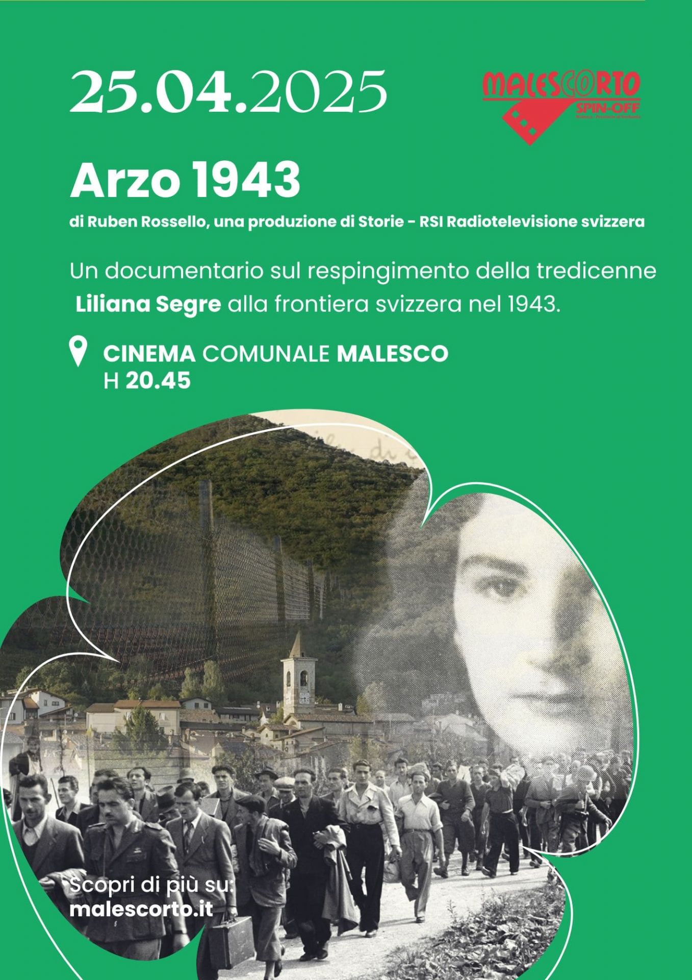 Locandina di "Echi del Palcoscenico" dedicata alla proiezione "Arzo 1943" di Ruben Rossello